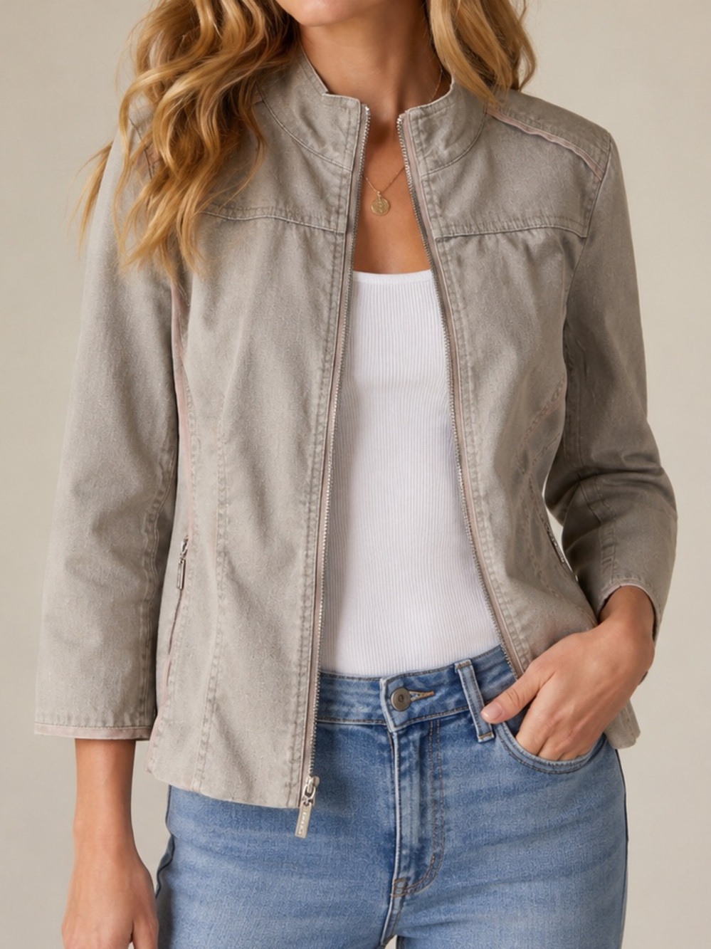 Spanner Linen Cotton Blend Zip Front Jacket Size 8 Taupe Beige Career Casual